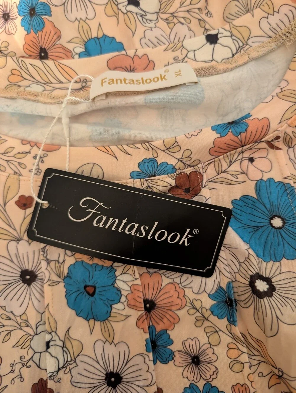 Fantastical Floral Long-Sleeve Scoop Neck Top — Cream with Blue & Brown Florals